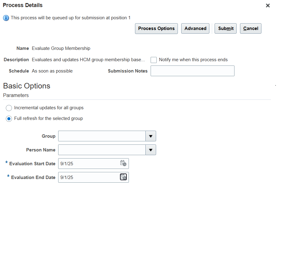 Full Refresh Option Parameters for the Evaluate Group Membership Process