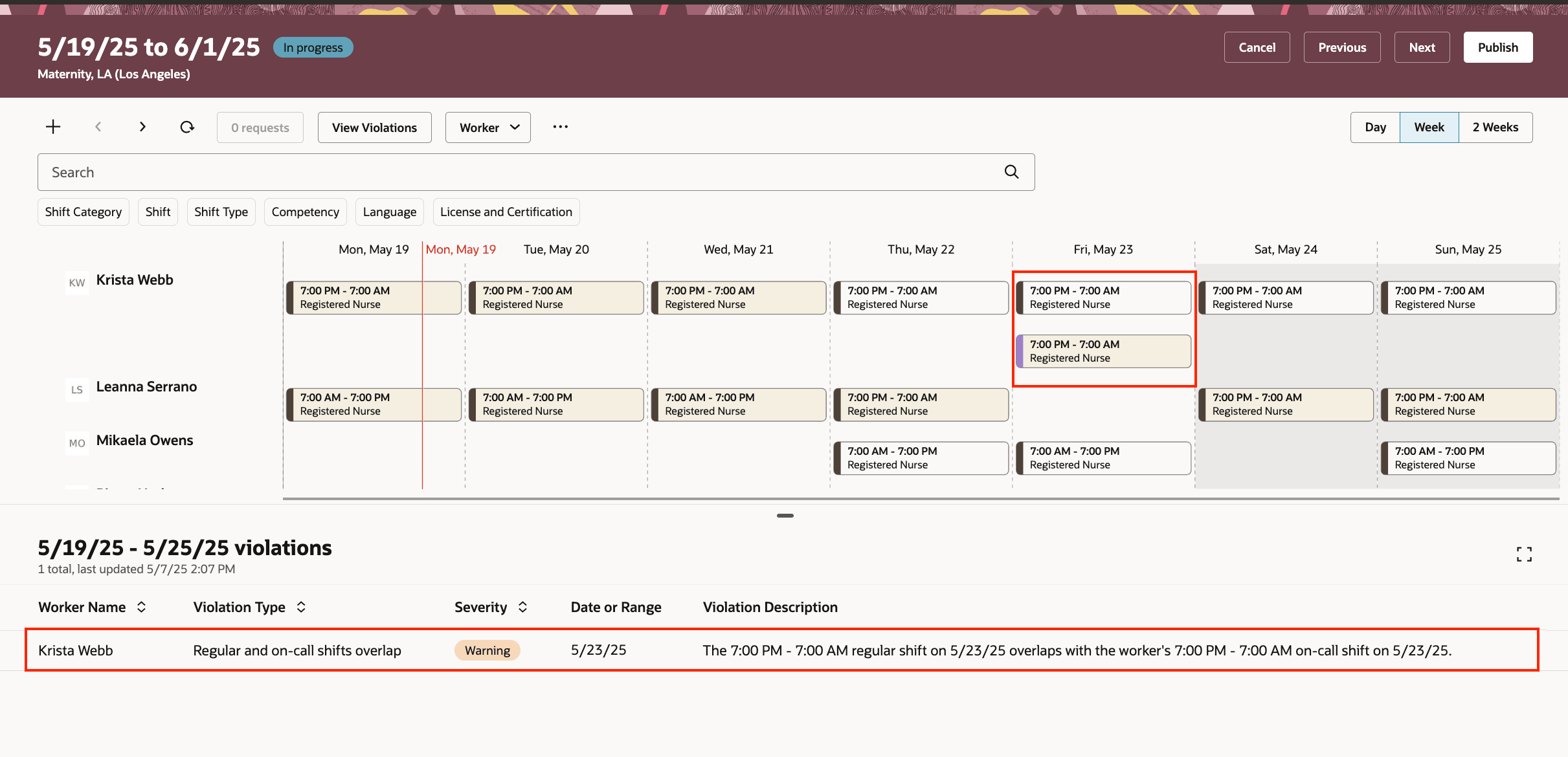 Warning Violation When Work and On-Call Shifts Overlap
