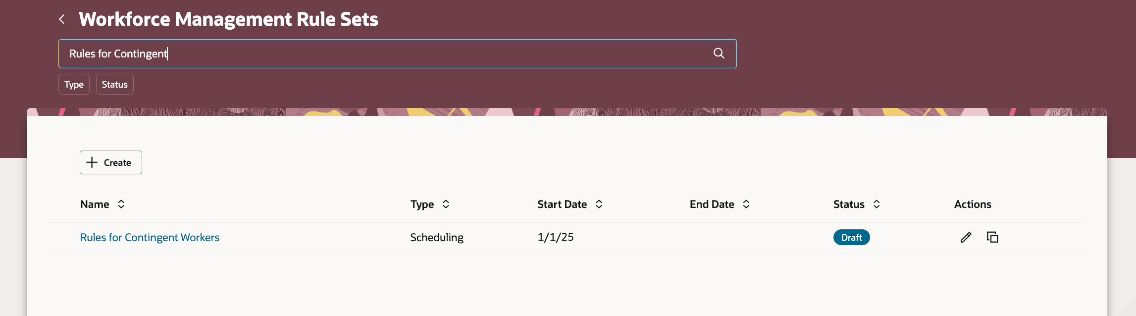 Workforce Management Rule Sets Page Showing a Rule Set with a Draft Status