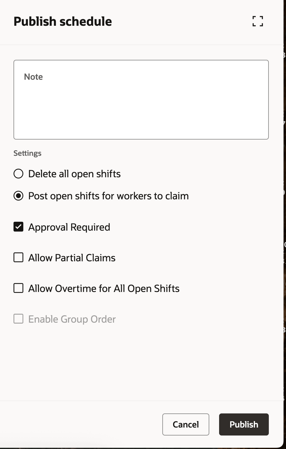 Publish Schedule Drawer with New Allow Partial Claims Option