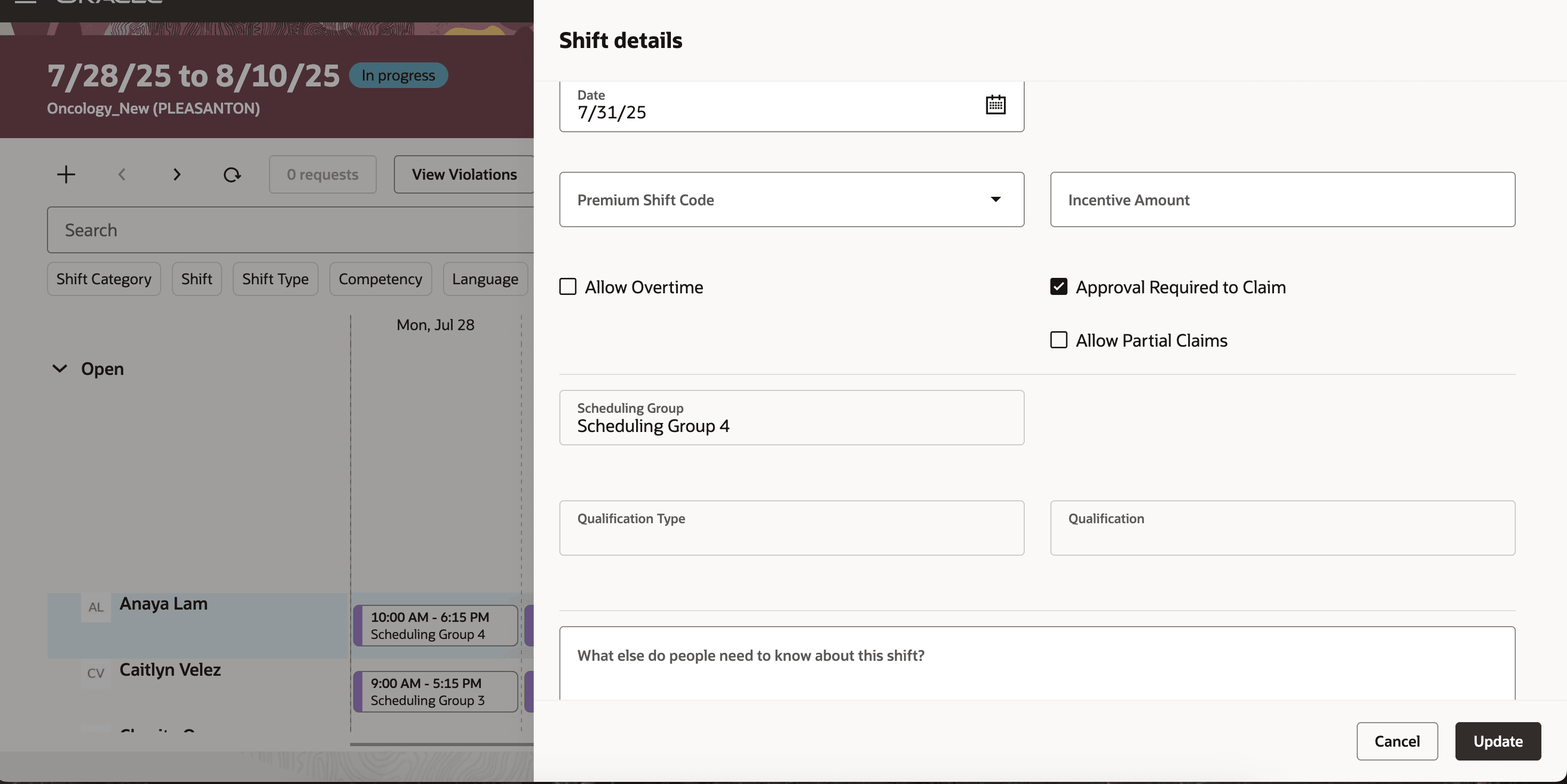 Shift Details Drawer Showing the New Allow Partial Claims Option