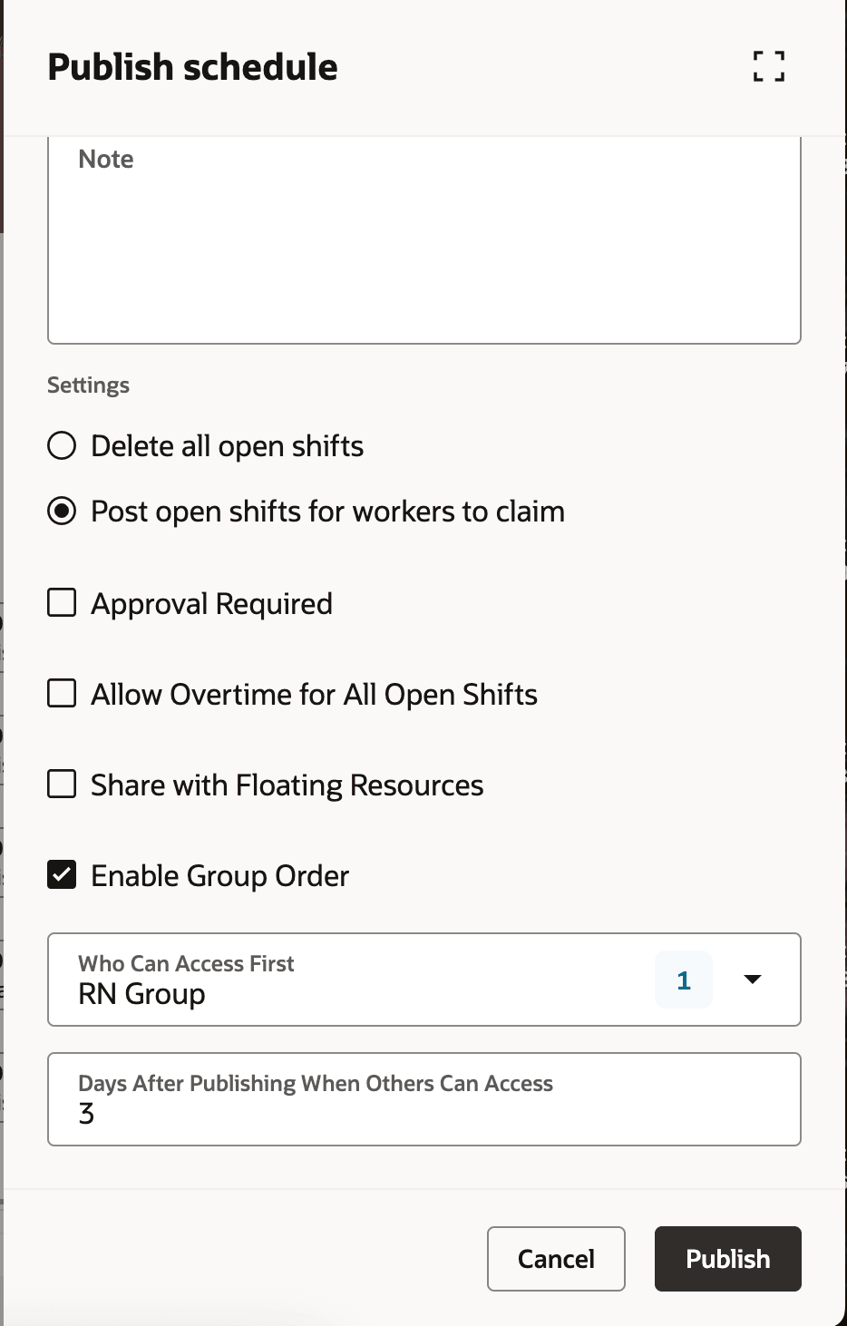Publish Schedule Drawer with the New Open Shift Options
