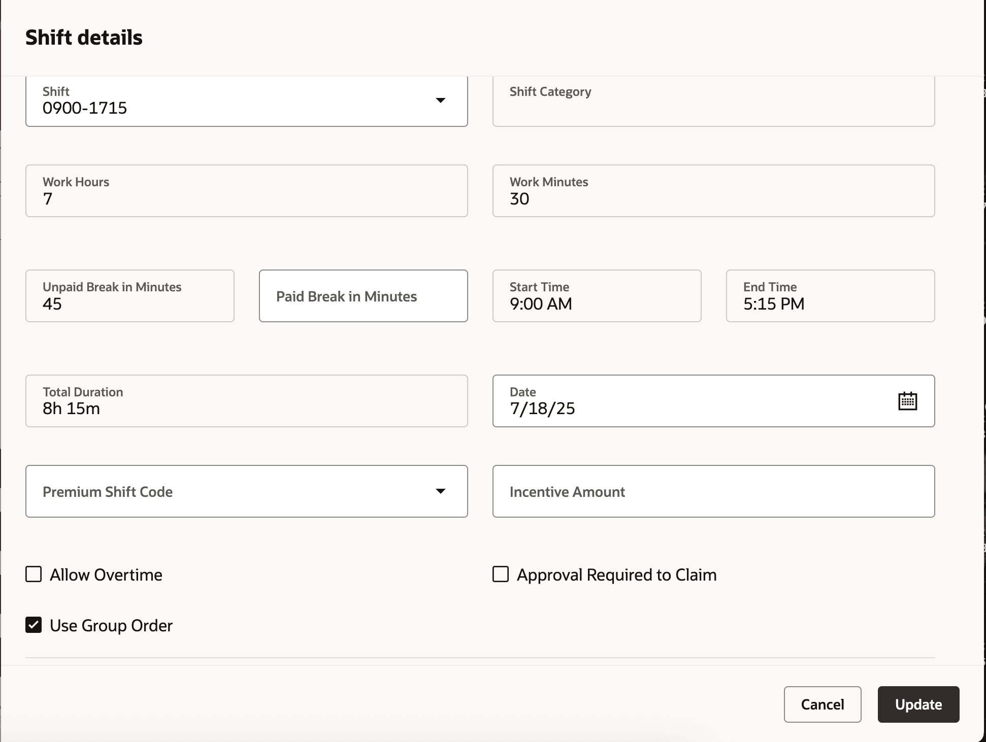 Shift Details Drawer Showing the New Use Group Order Option