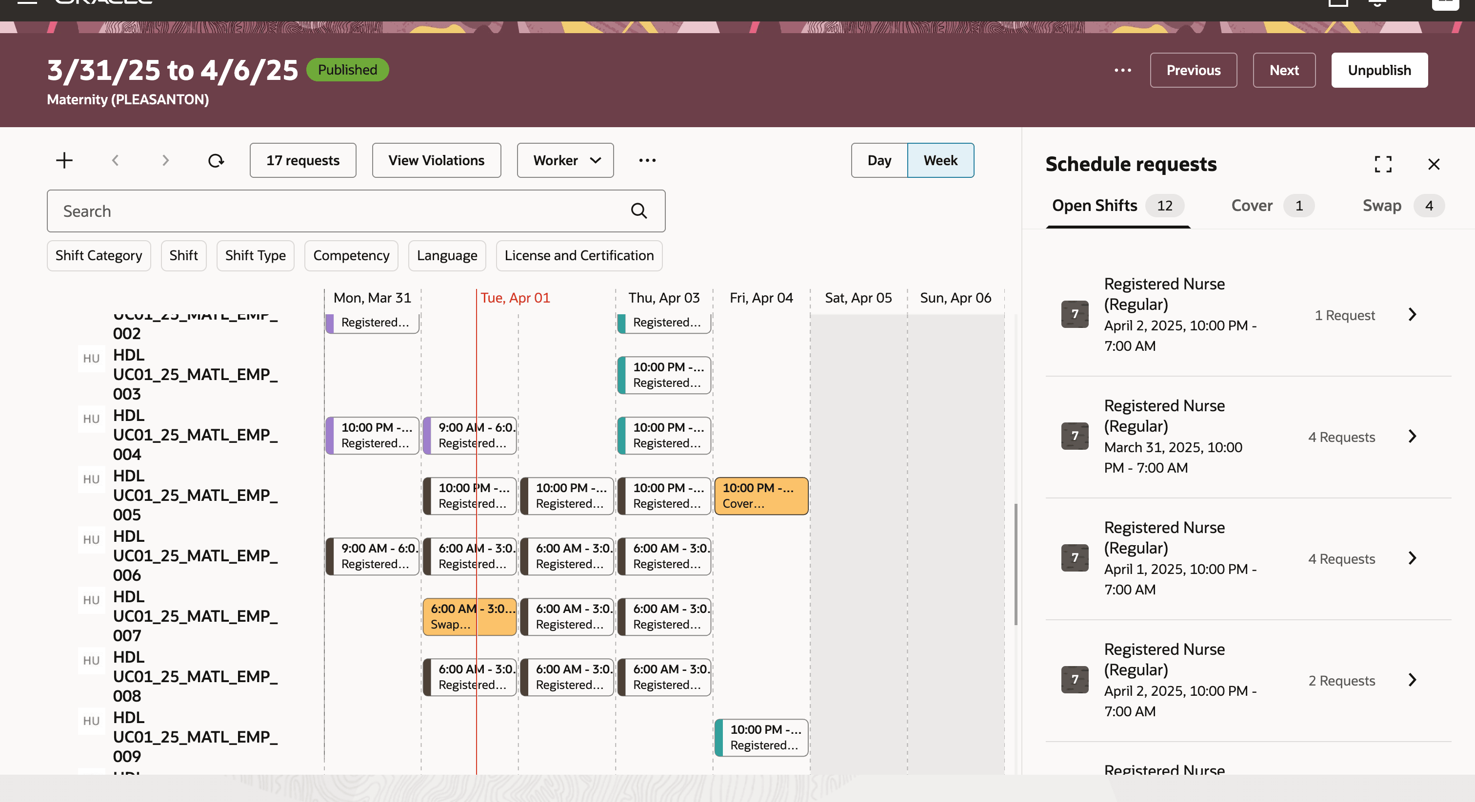 Schedule for the Week of 3/31/25 to 4/6/25 with the Schedule Request Drawer Open Too