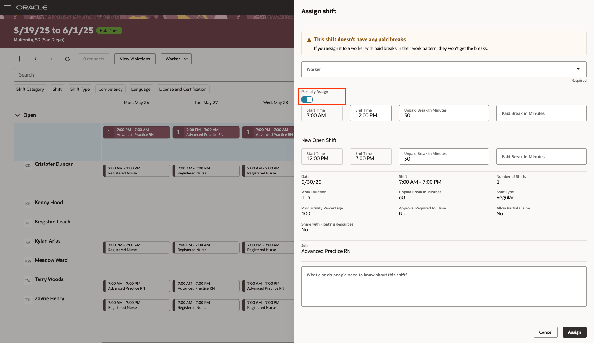 Assign Shift Drawer Showing a Partial Assignment