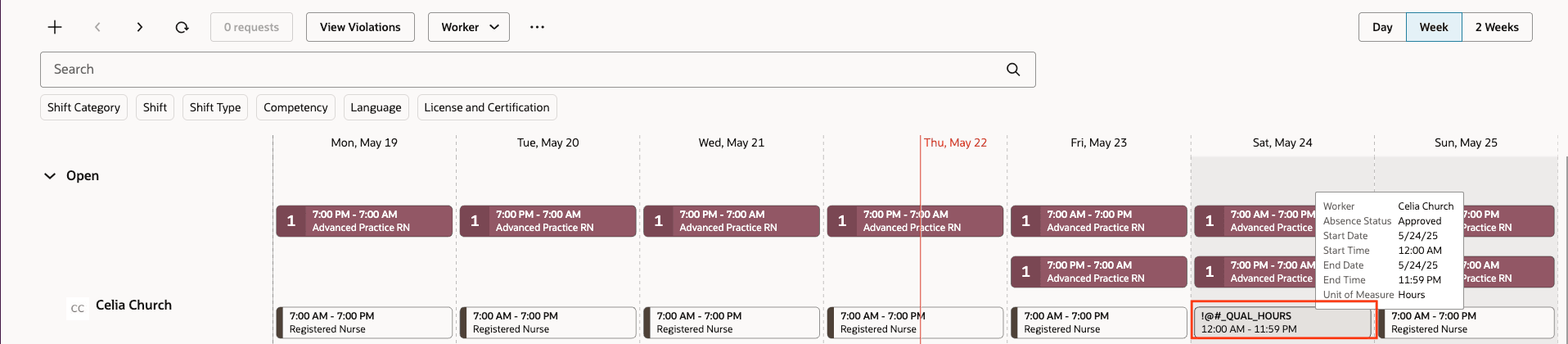 Department Schedule Showing a Worker's Absence