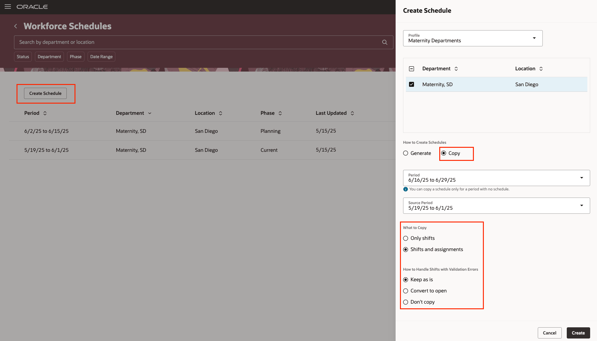 Workforce Schedules Page Showing the Create Schedule Drawer