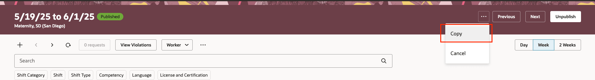 Department Schedule Showing the More > Copy Action