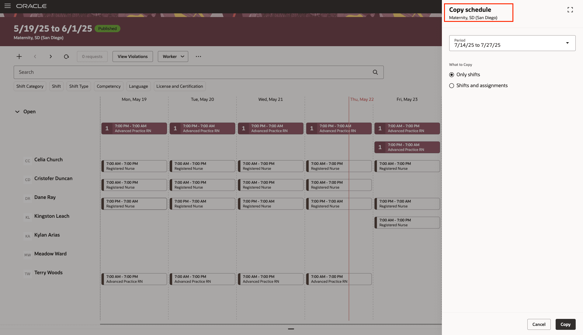 Department Schedule Showing the Copy Schedule Drawer
