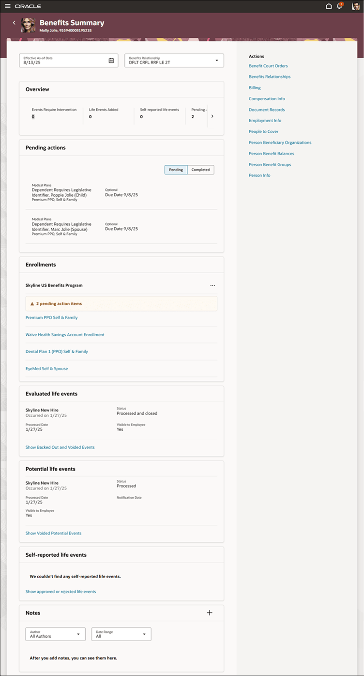 Benefits Summary Page