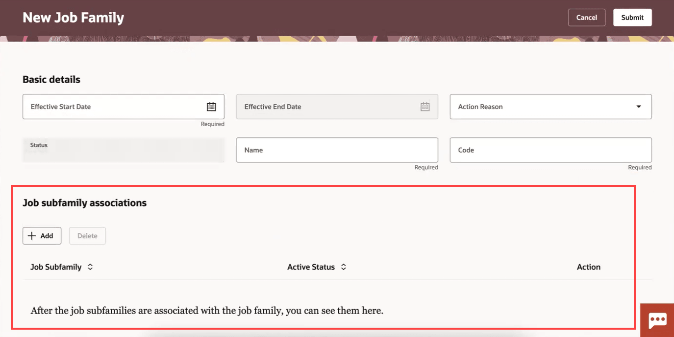 Job subfamily associations section on New Job Family page