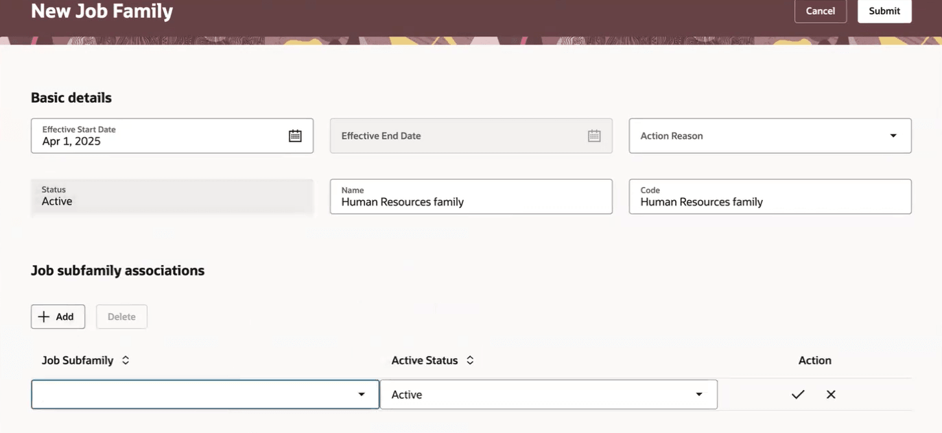 Associate job subfamily with a job family