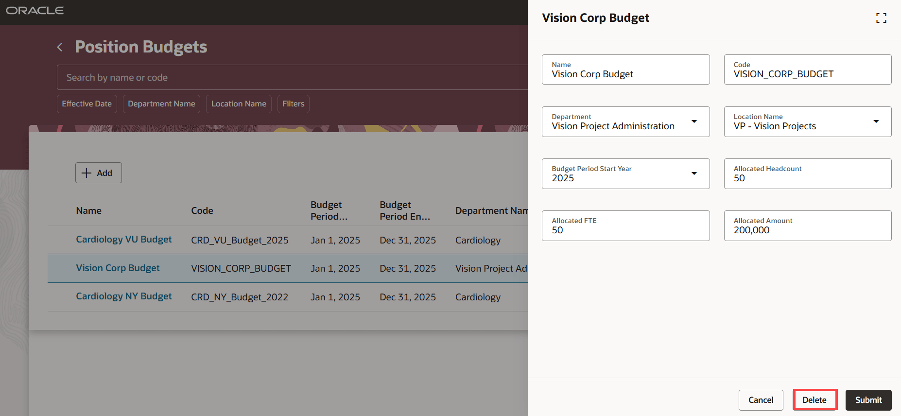 Delete a position budget
