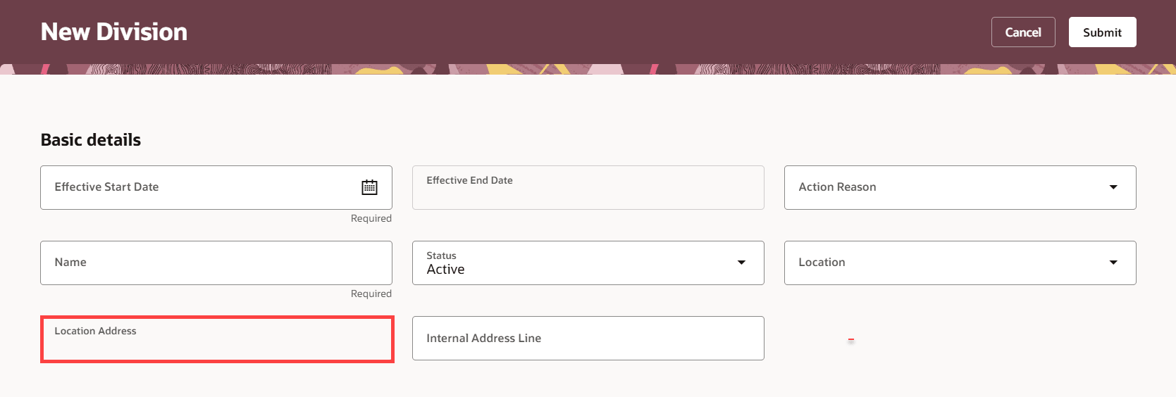 Location Address field when you create an organization record