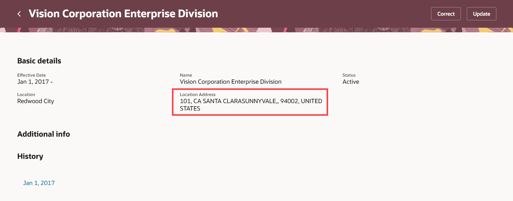 Location address displayed when you view an organization record