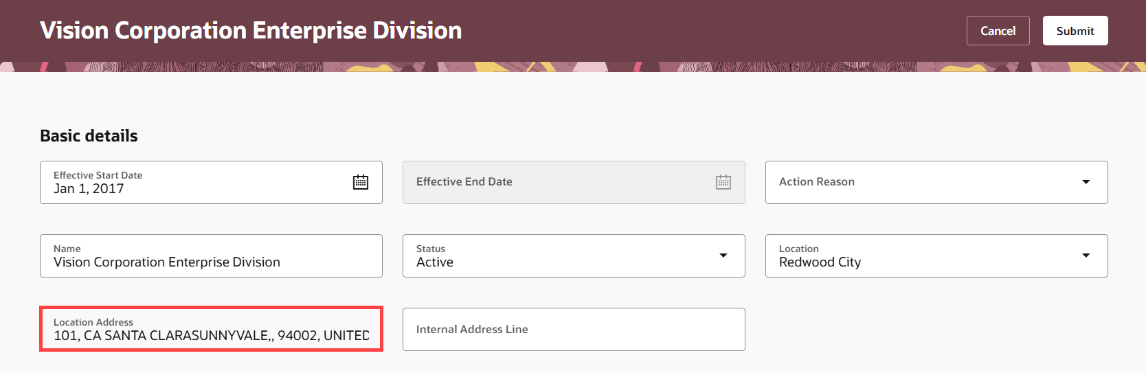 Location address displayed when you update an organization record
