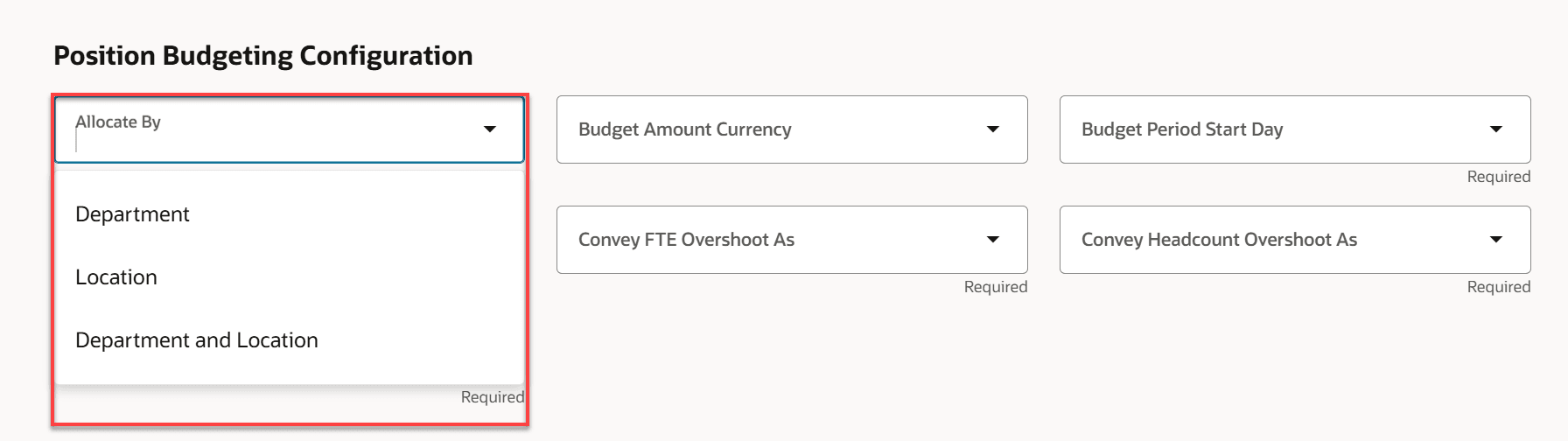 Position Budgeting Configuration section on the Enterprise HCM Information page