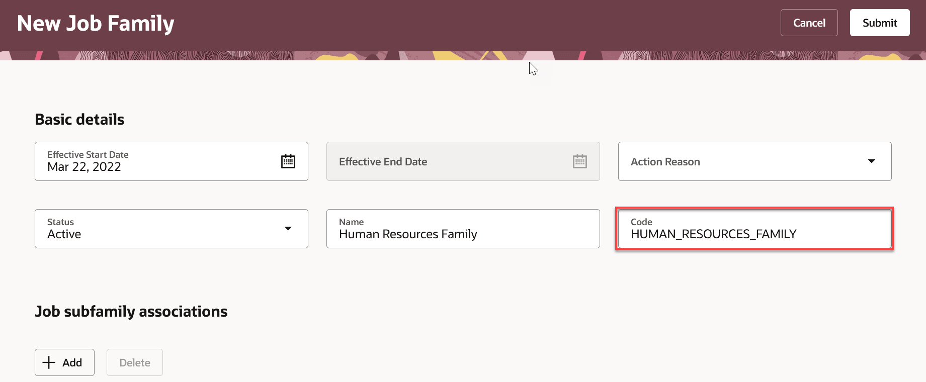 Job Family Code defaulted on Redwood Job Family page