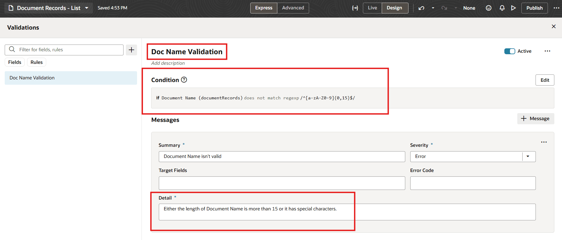 Validation Rule Configured for Document Name
