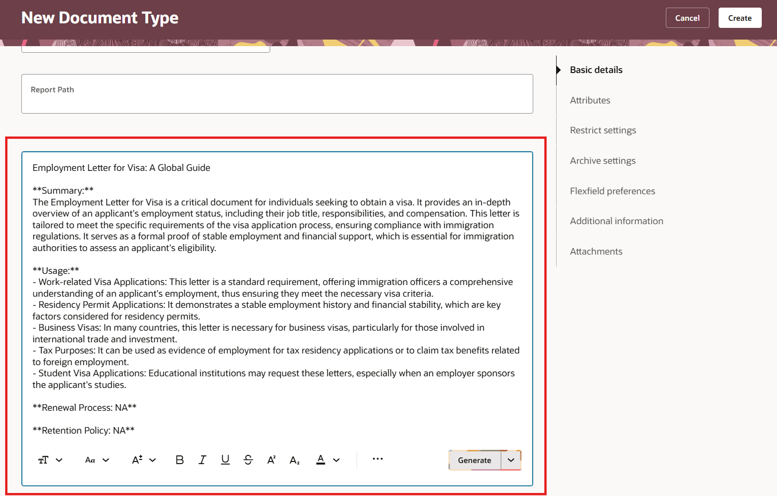 Document Type Description Generated in Summarized Mode