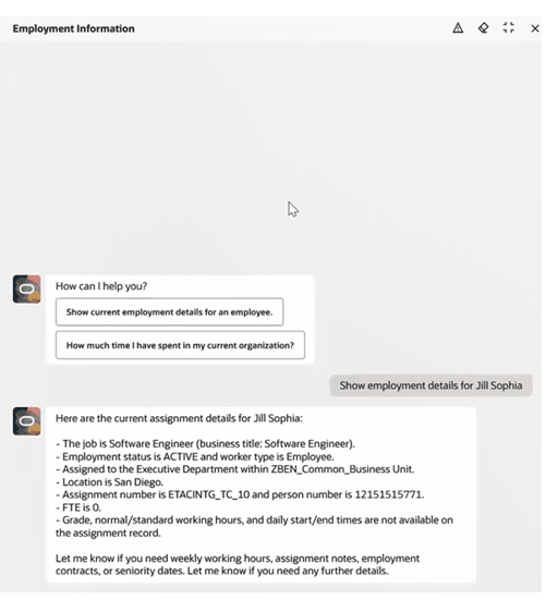 Shows current employment details for the selected employee