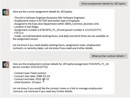 Shows employment contract details for the selected employee
