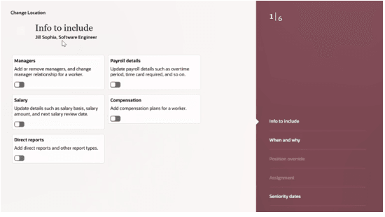 Shows the Change Location page preloaded with the employee’s context