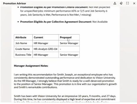 Current and proposed promotion details with assignment notes prepared by the agent