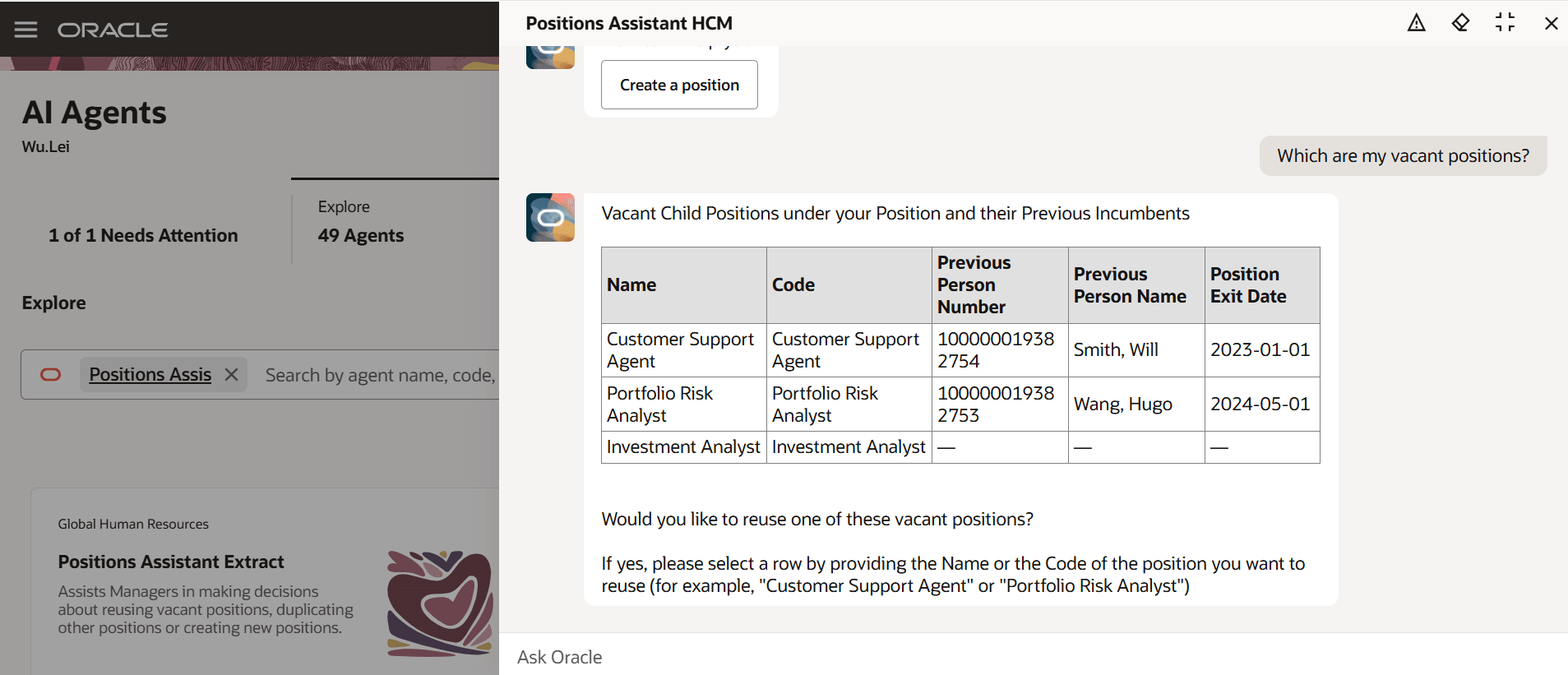 Vacant positions without incumbents under a parent position