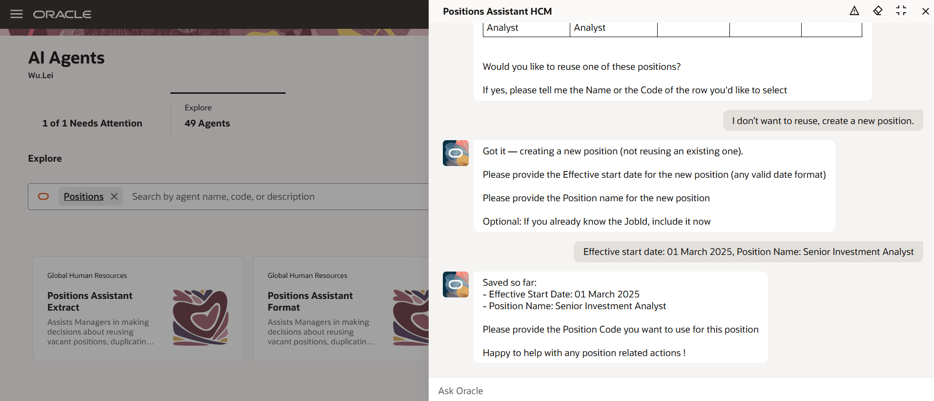 Provide effective start date and name for the position