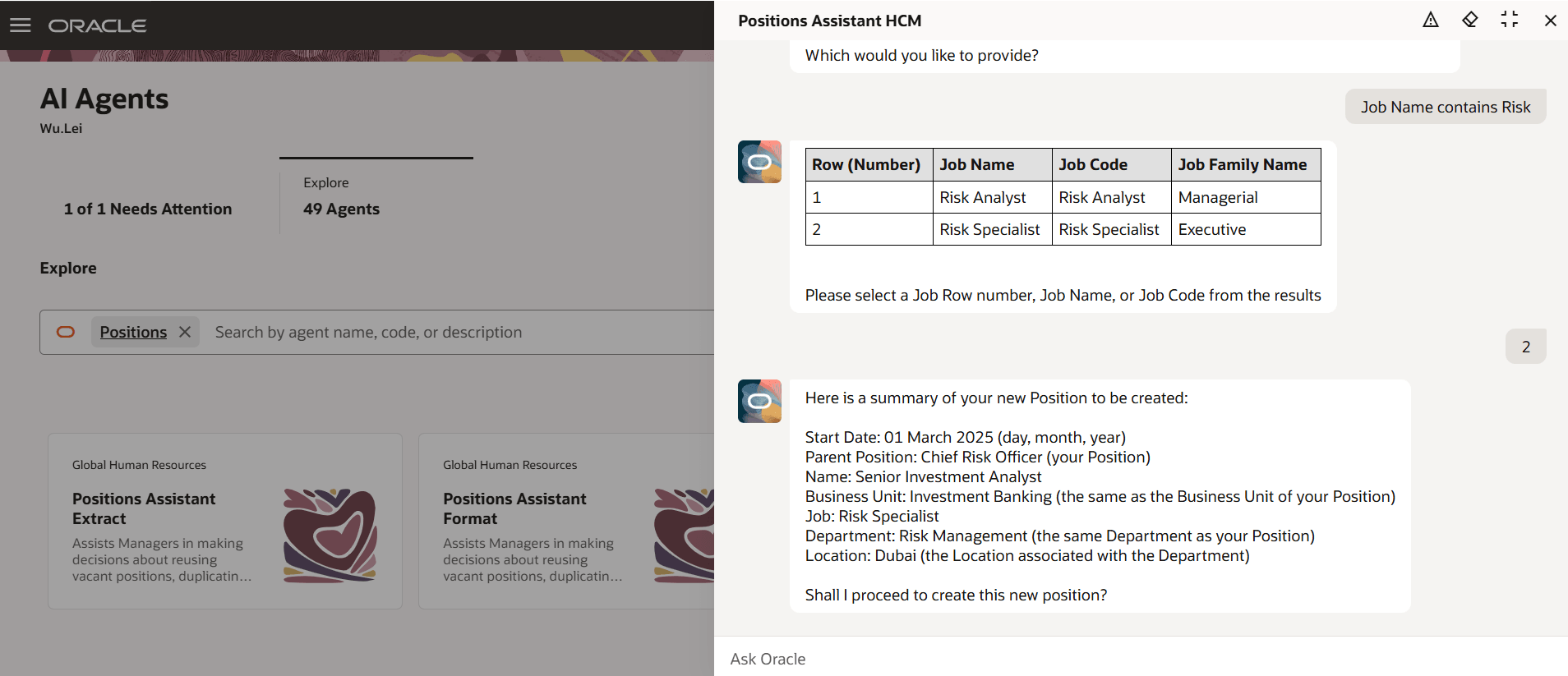 Summary of new position to be created based on the details provided