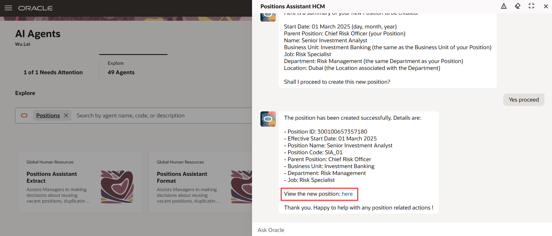 Summary of new position created along with a view link
