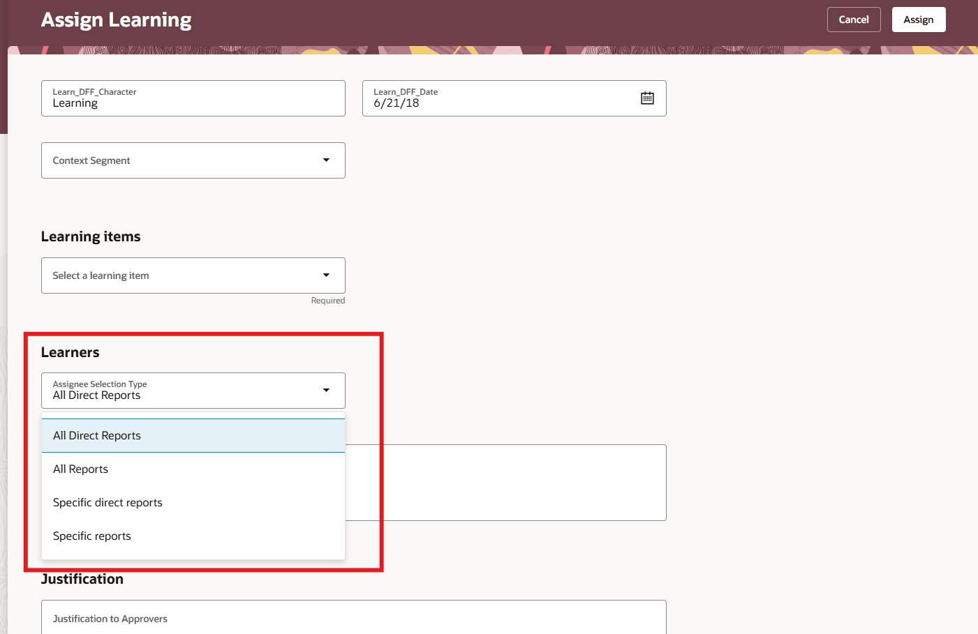 Assignee Selection Type List