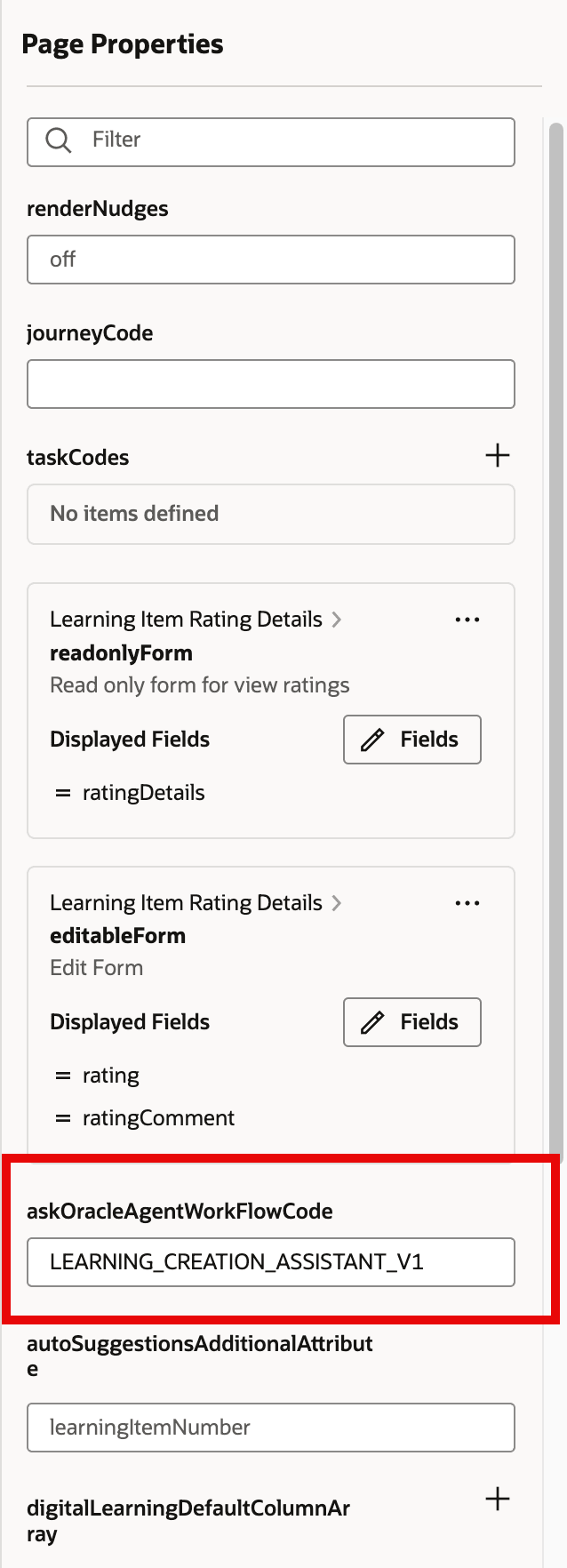 Visual Builder Studio Page Properties with the askOracleAgentWorkFlowCode Field Highlighted