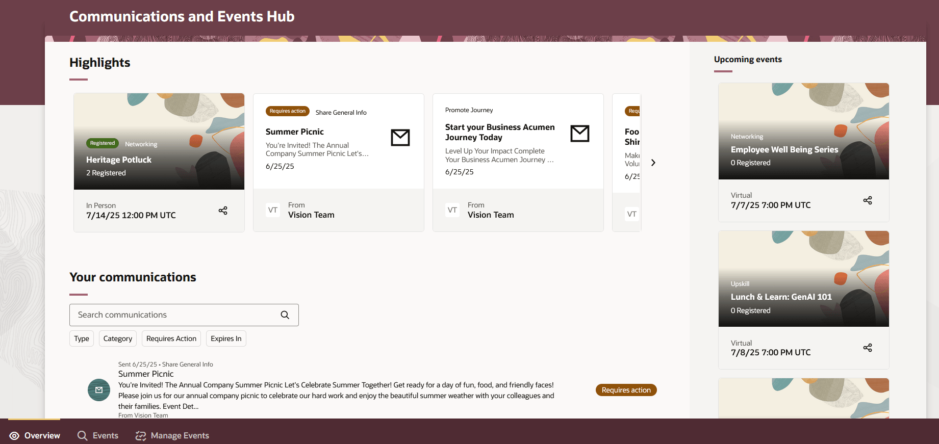 Communications and Events Hub page on the Overview tab