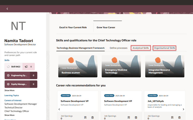 Learning Recommendations for Skills Displayed on Separate Tabs for the CTO Role