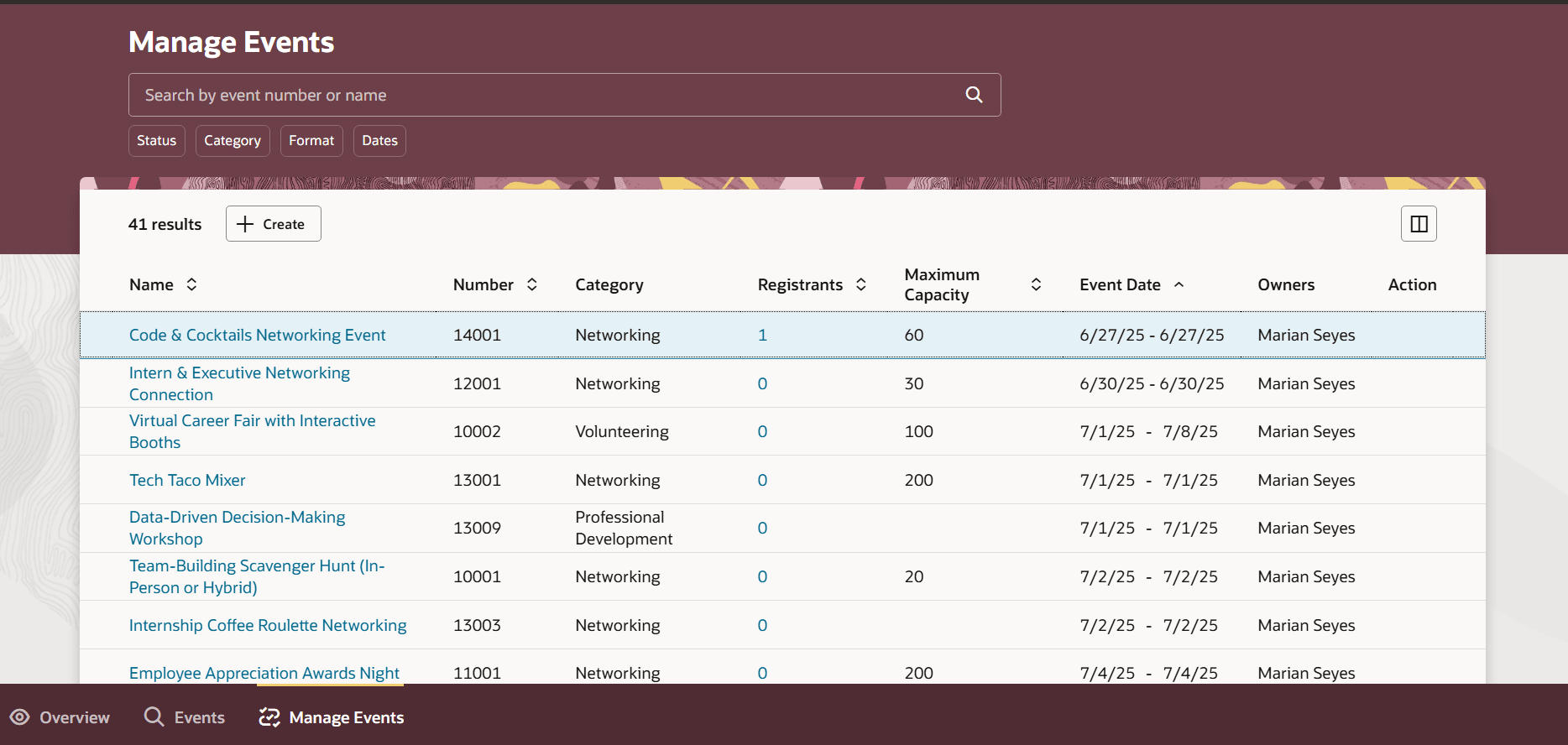 Manage Events Page