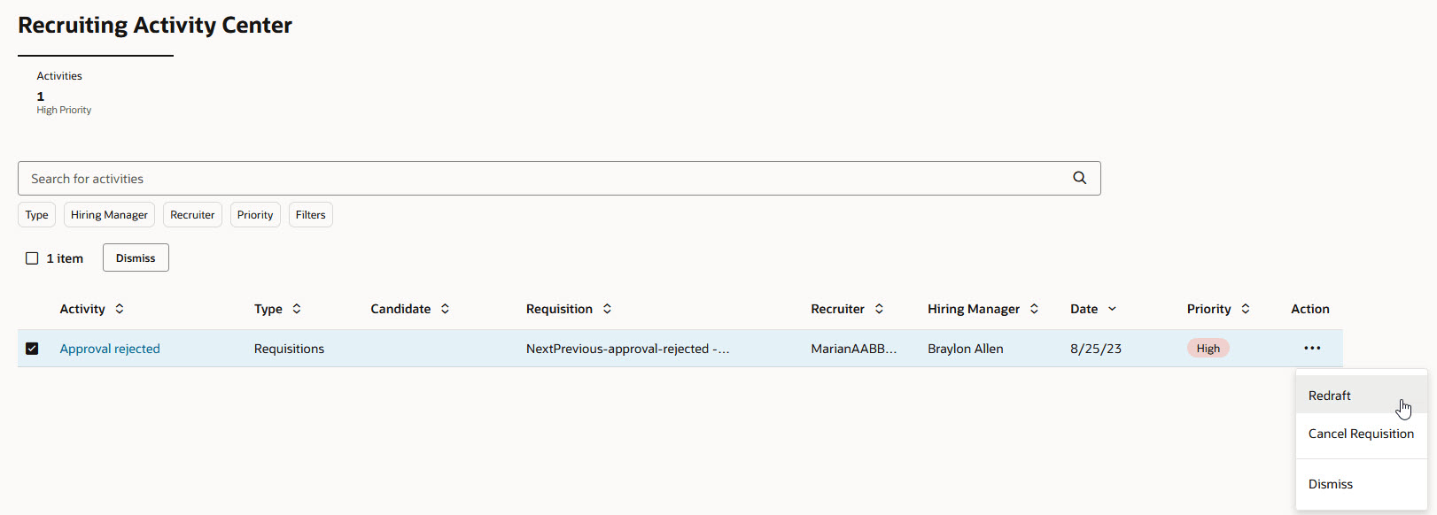 Actions on the Recruiting Activity Center Page