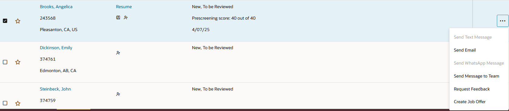 Request Feedback Action in the Job Applications List
