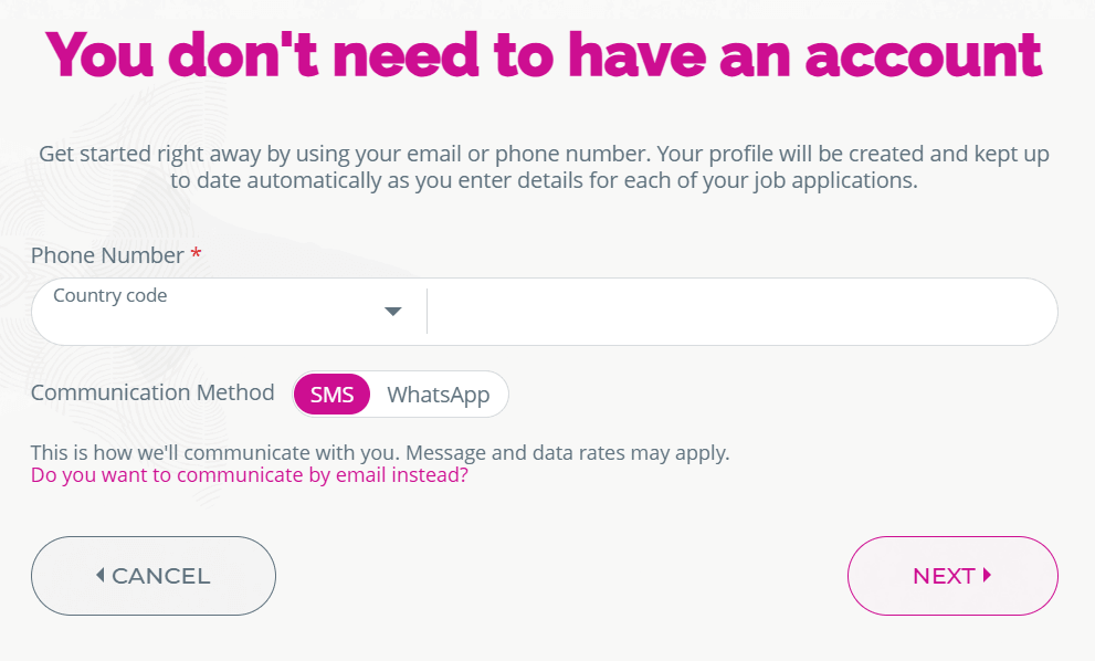 This authentication page shows the WhatsApp and SMS toggle.
