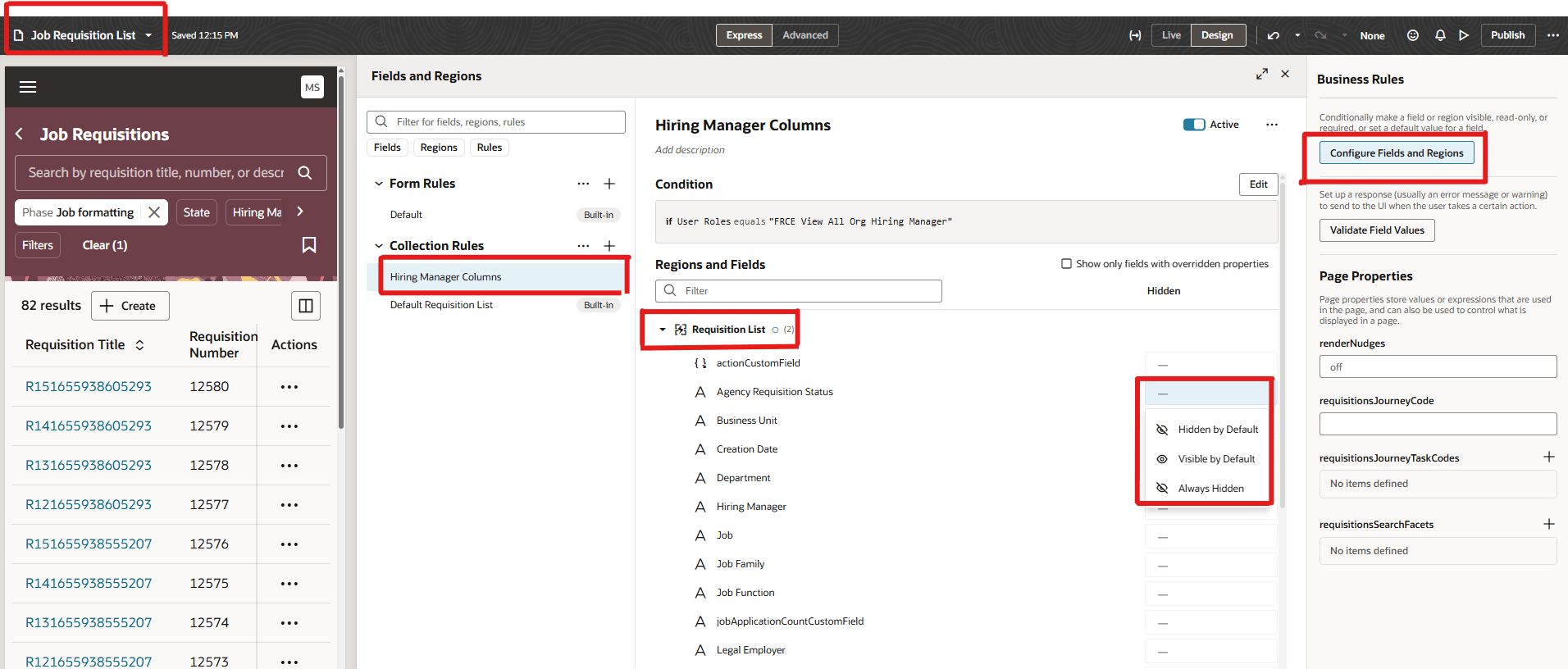 Columns Configuration in Visual Builder Studio