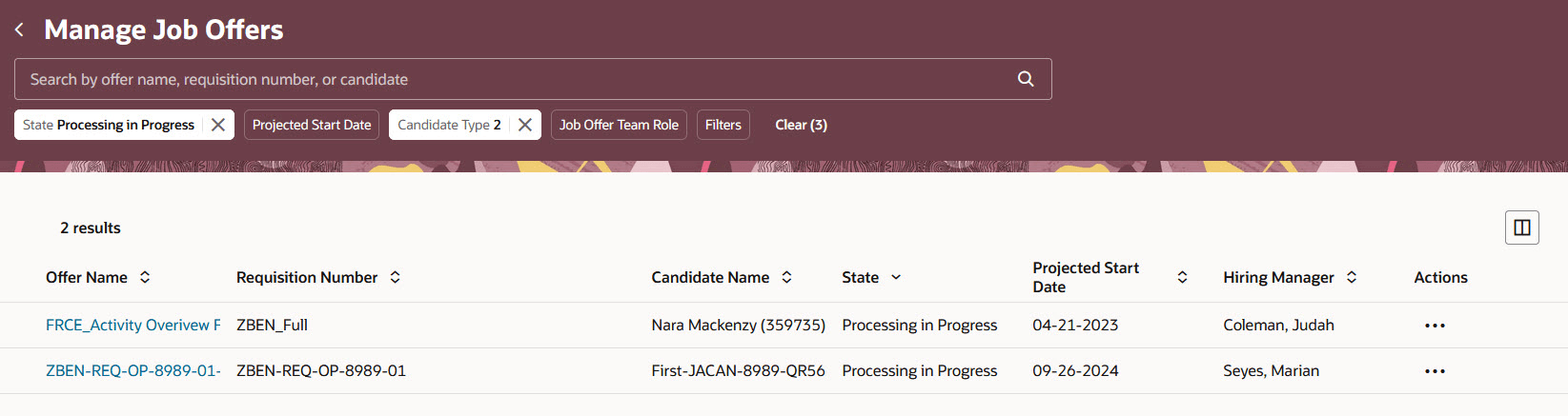 Manage Job Offers List Page in Redwood