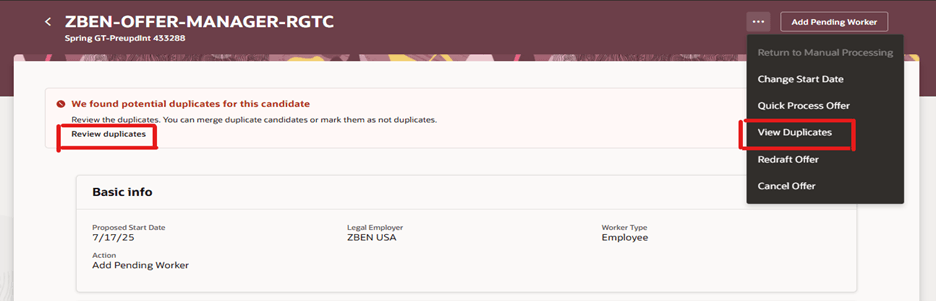 View Duplicates Action and Review Duplicates Link