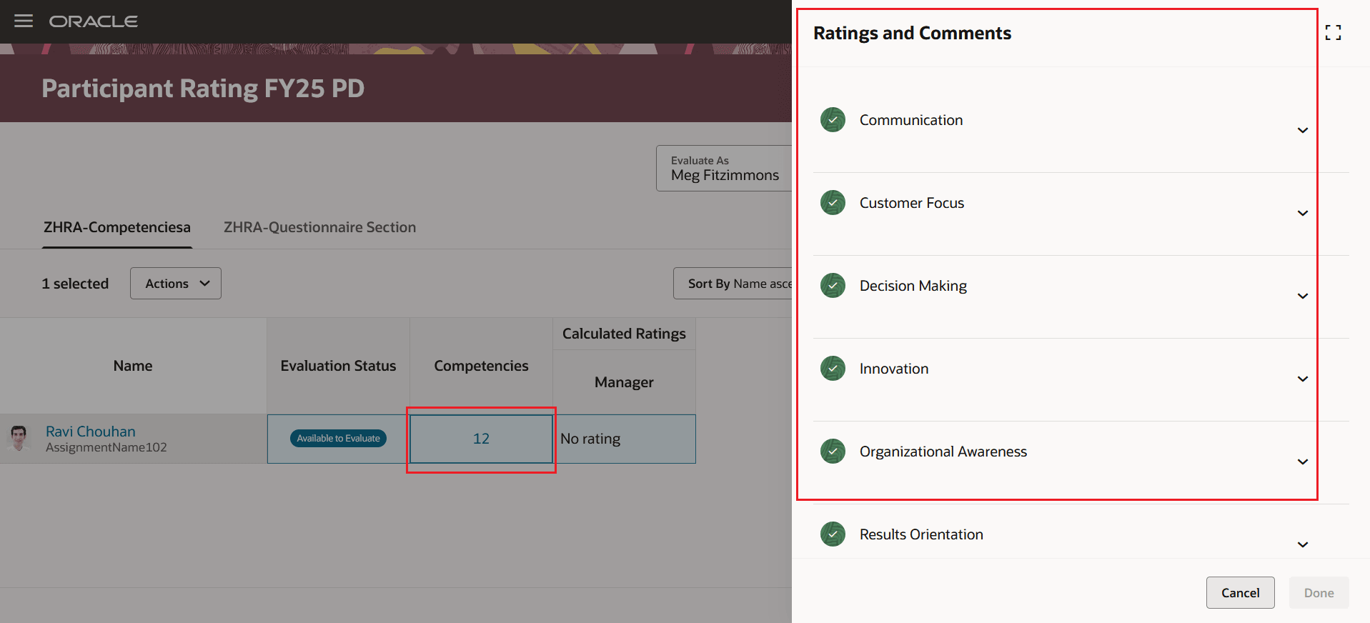 Screenshot that shows the Competencies column with count highlighted and that opens a drawer with the details for the count.