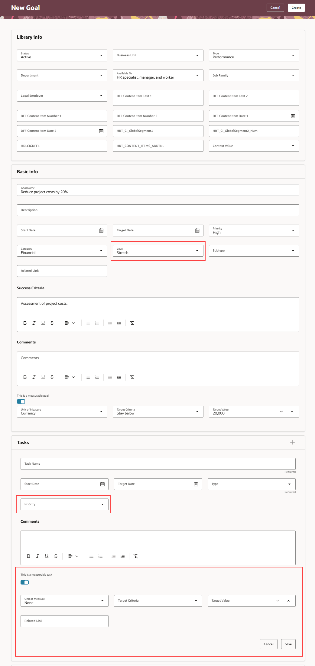 New performance library goal page showing the additional configuration fields