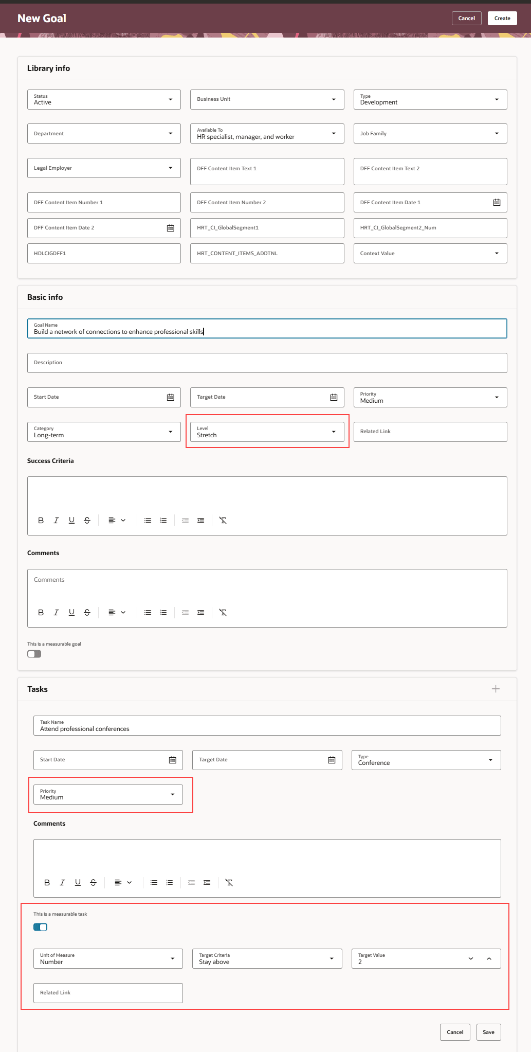 New development library goal page showing the additional configuration fields