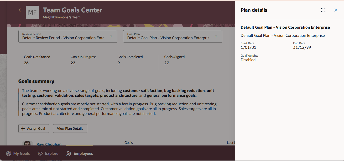 Plan details panel on Team Goals Center