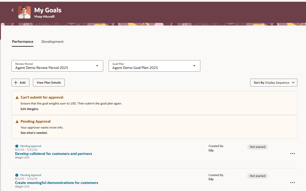 Performance tab of the My Goals page of employee with banner message to edit weights