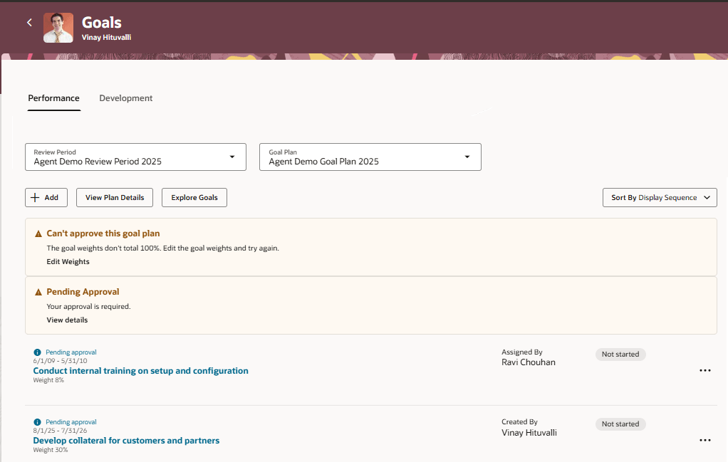 Performance tab of the Goals page of team member with banner message to edit weights