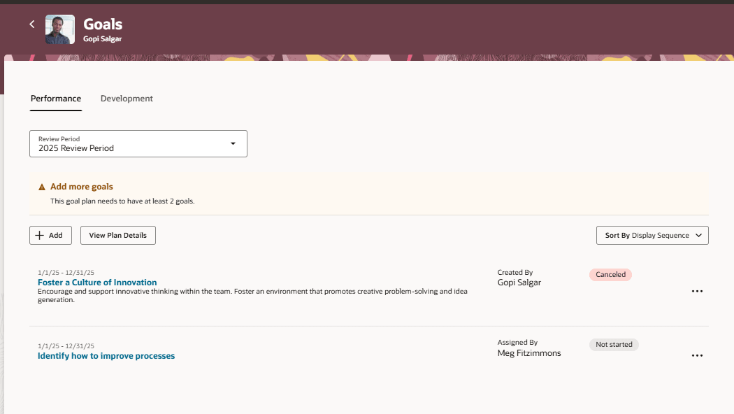 Performance tab of the Goals page of team member with banner message to add goals
